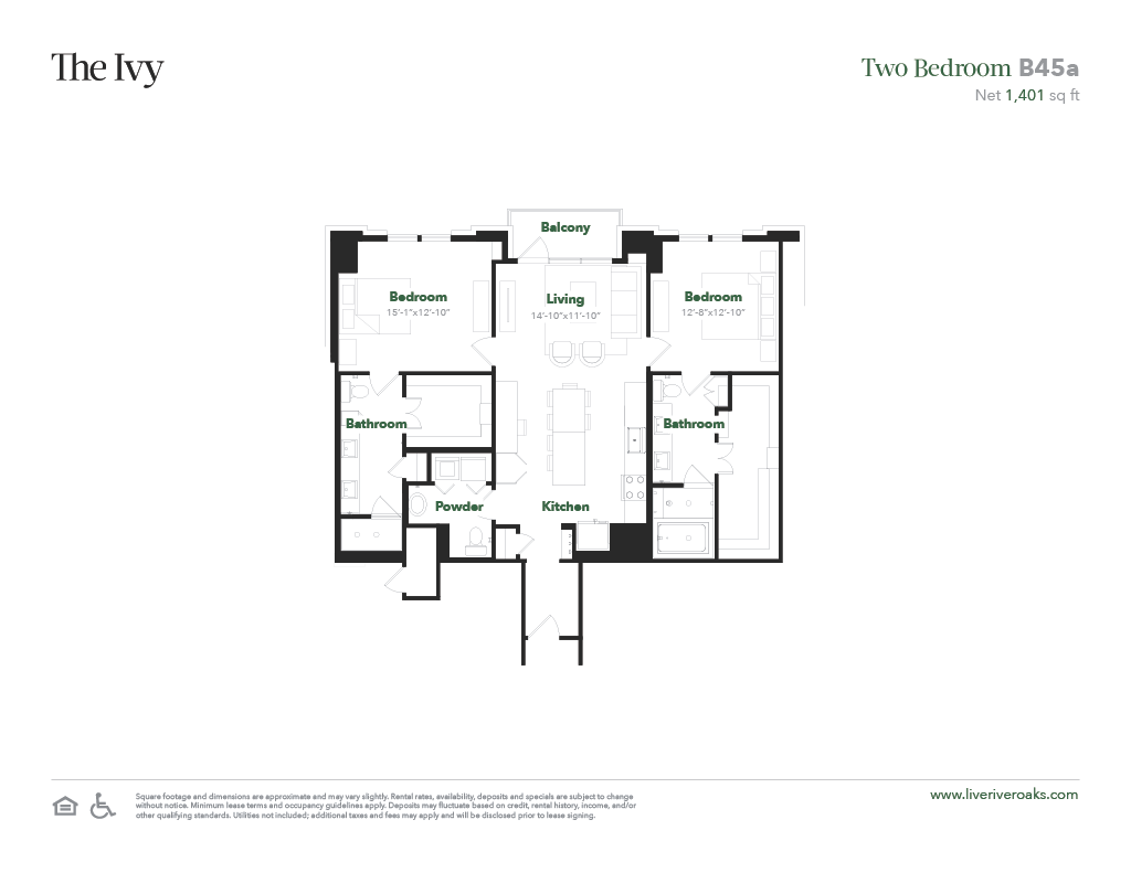 Floor plan for 2 beds, 2.5 baths, 1401 sqft